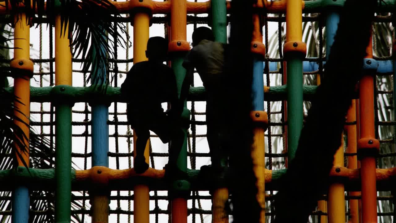 Adventure Awaits: Two Figures Scaling a Colorful Climbing Framework Beneath Palm Branches, Showcasing a Thrilling Sense of Exploration and Activity