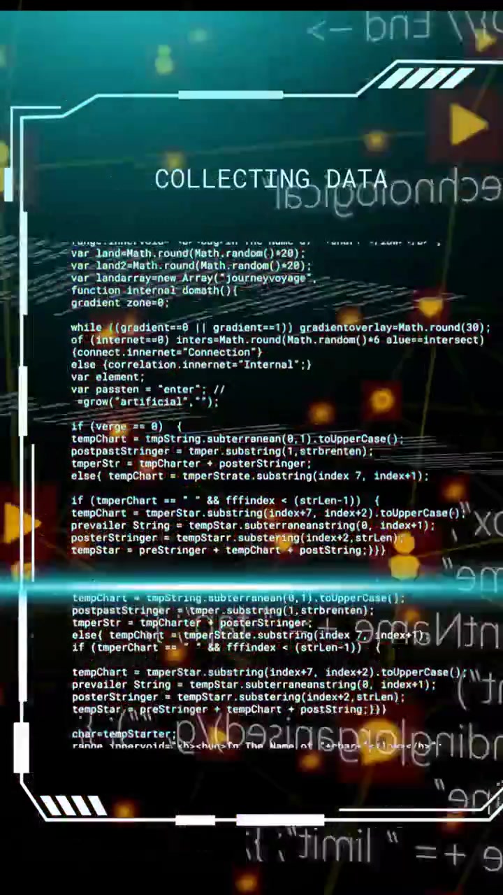 Vertical video: HUD panel loading on startup, glitching and sweeping scanline while collecting data