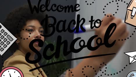 Animation-of-welcome-back-to-school-text-banner-over-african-american-woman-writing-on-white-board