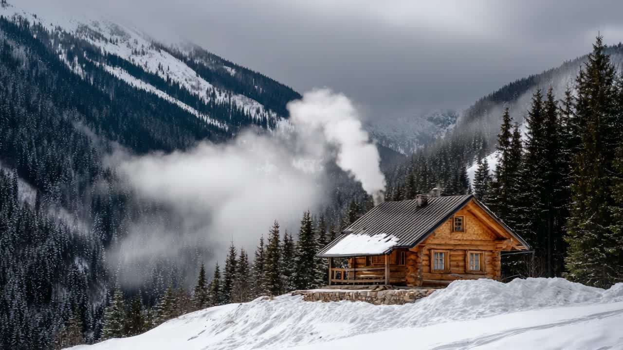 A Cozy Wooden Cabin Surrounded by Majestic Snow-Capped Mountains and Evergreen Forests, with Wisps of Steam Rising into the Overcast Sky