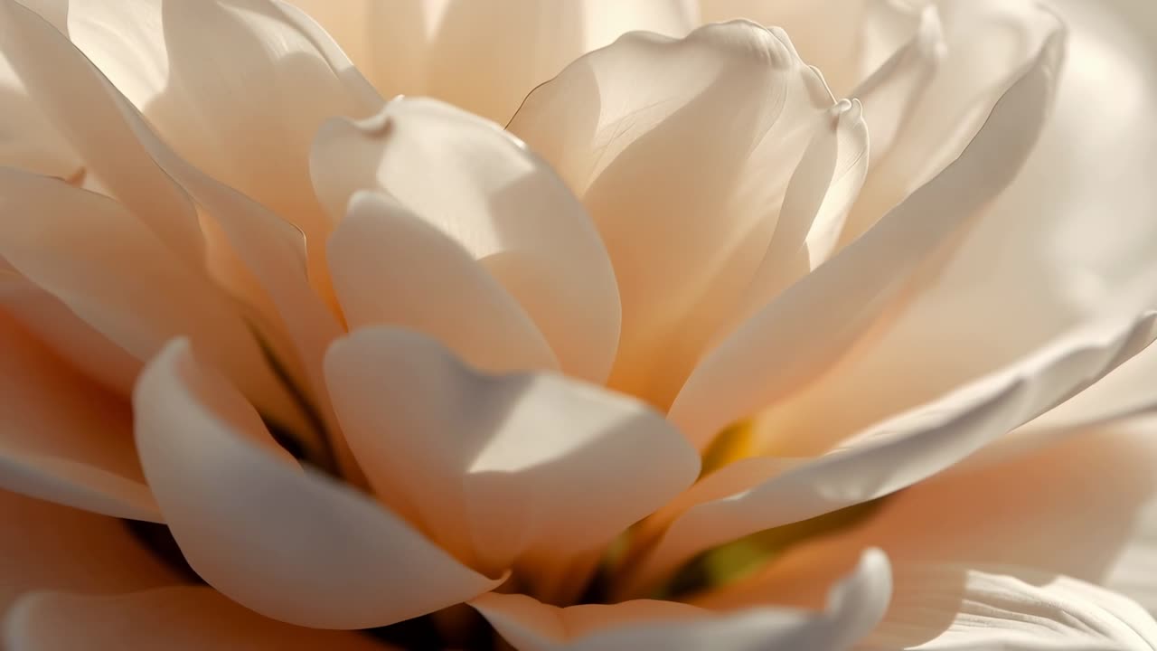 Pulling focus on single pale peach-cream bloom in studio, revealing inner petals and green core