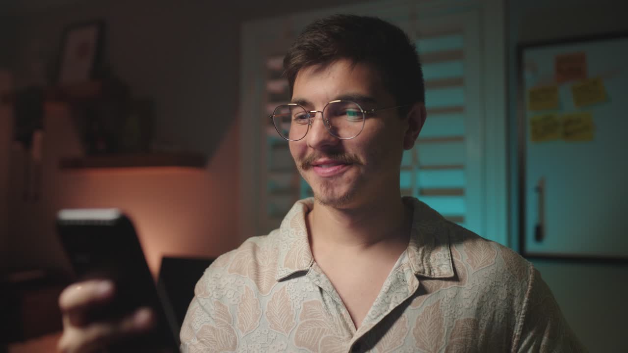 gen z hipster usando aplicación de teléfono feliz, espacio para copiar