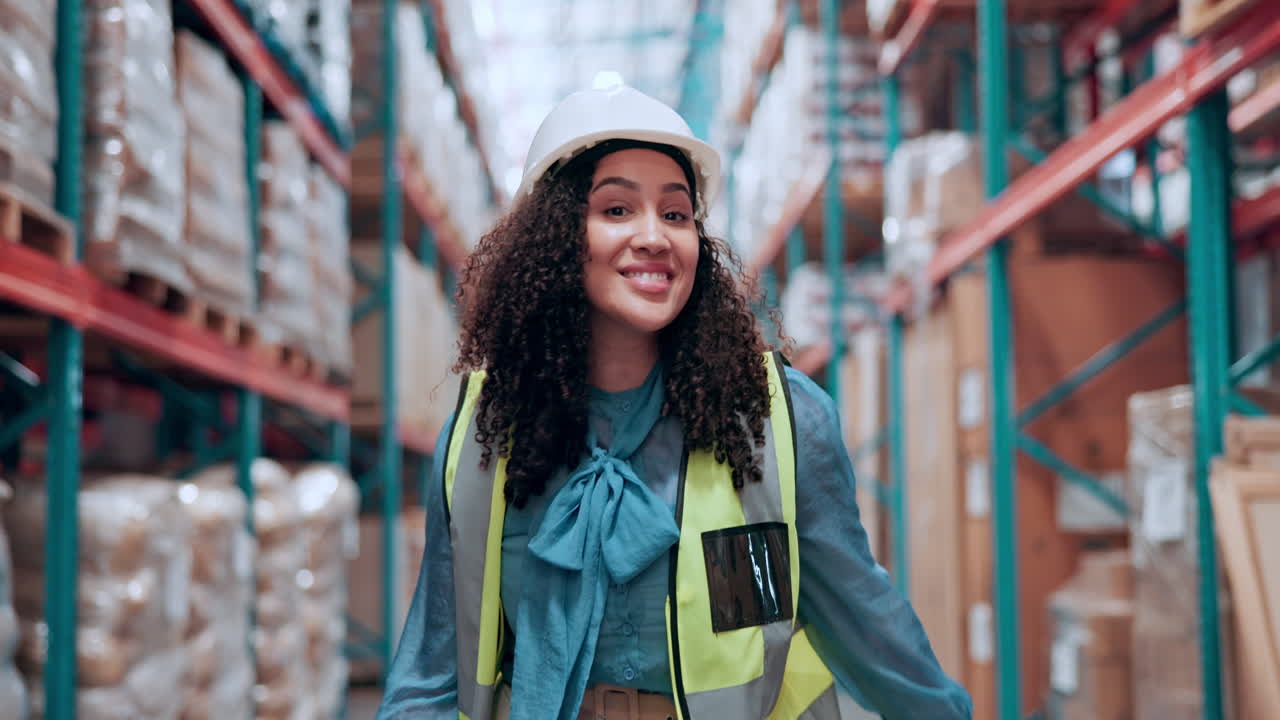 Happy Woman in Hard Hat and Safety Vest Dancing in Warehouse