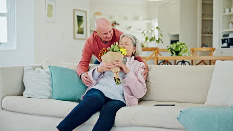 Flowers,-senior-couple-and-surprise-at-home