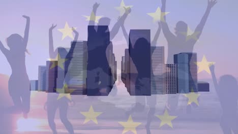 animation of flag of european union, with modern buildings and people jumping for joy