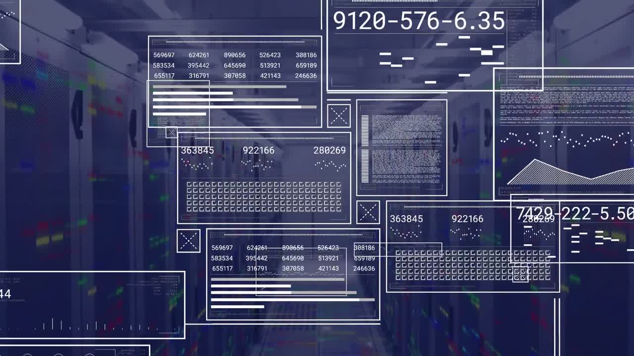 Animation of graphs, changing numbers, loading circles, bars and squares over server room