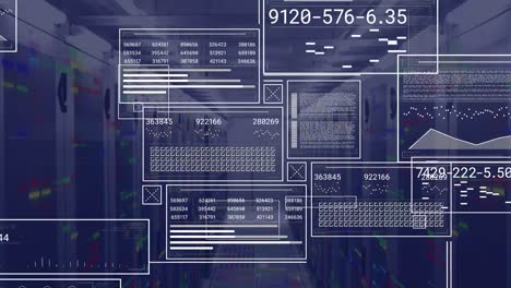 Animation-Von-Diagrammen,-Sich-ändernde-Zahlen,-Laden-Von-Kreisen,-Balken-Und-Quadraten-über-Dem-Serverraum