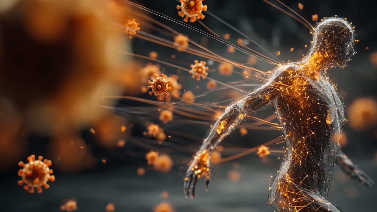 A digital representation of a human figure navigating through a swarm of virus-like particles, illustrating the interaction between human biology and microscopic threats in a vibrant, interconnected environment