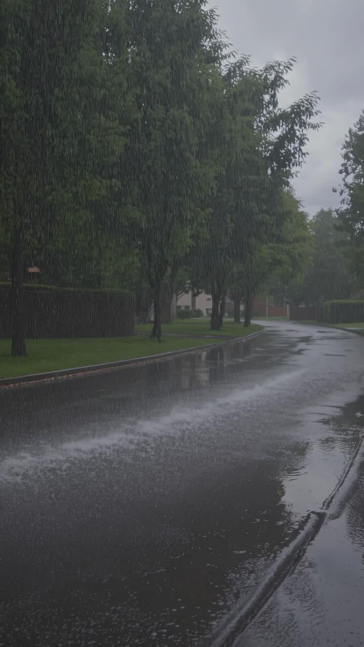 Lluvia intensa cayendo sobre una calle mojada bordeada de árboles.