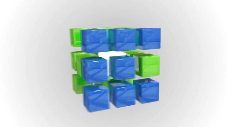 3D Animation of Blue and Green Cubes Assembling into a Grid