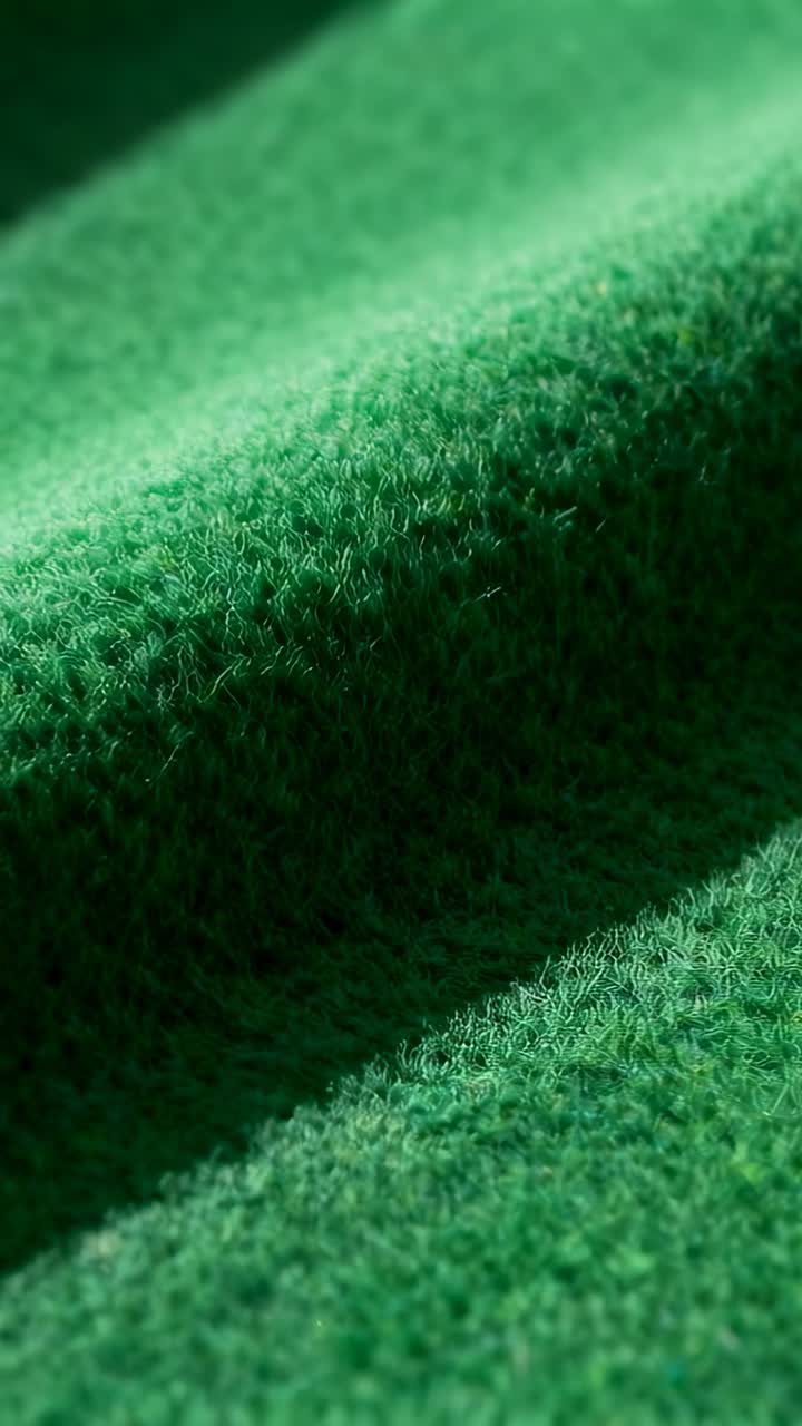 Vídeo vertical: Câmera em movimento mostrando uma crista de tecido verde de pelo curto com luz lateral, revelando tufos