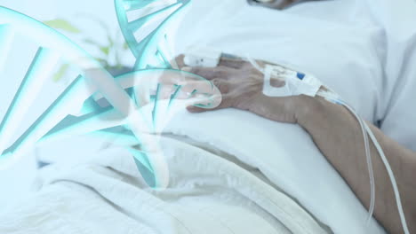 Animation-of-dna-strand-over-biracial-female-patient-in-hospital