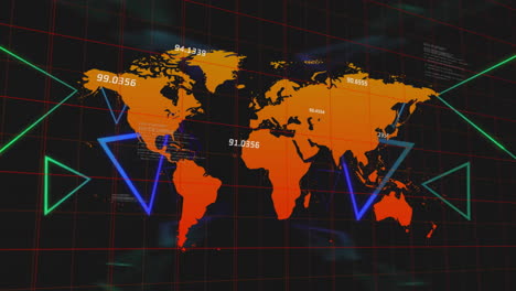 animation of colourful triangles and data processing over orange world map on black background