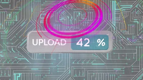 animation of upload text with growing numbers and scope scanning over computer circuit board