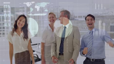 animation of data processing over happy diverse business people