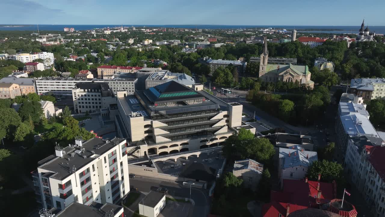 National Library of Estonia panoramic aerial view. Tallinn