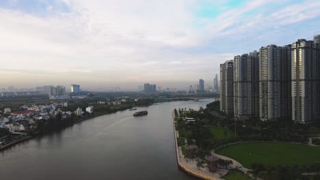 aerial view of saigon river and downtown of district 1, ho chi minh city