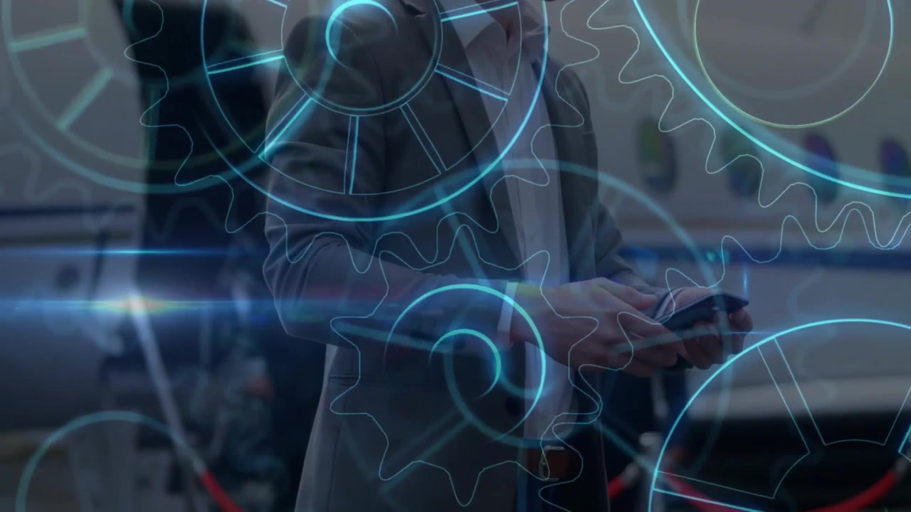 Mid-adult tapping smartphone initiating flight checks on jet while holographic gears pulsing