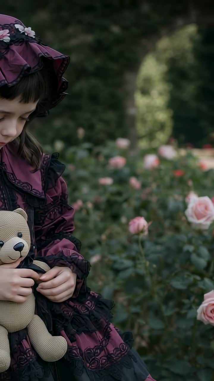 Vídeo vertical: criança brincando, vestida com um vestido ameixa, touca e tiara, ajustando a alça de um ursinho de pelúcia em um jardim de rosas