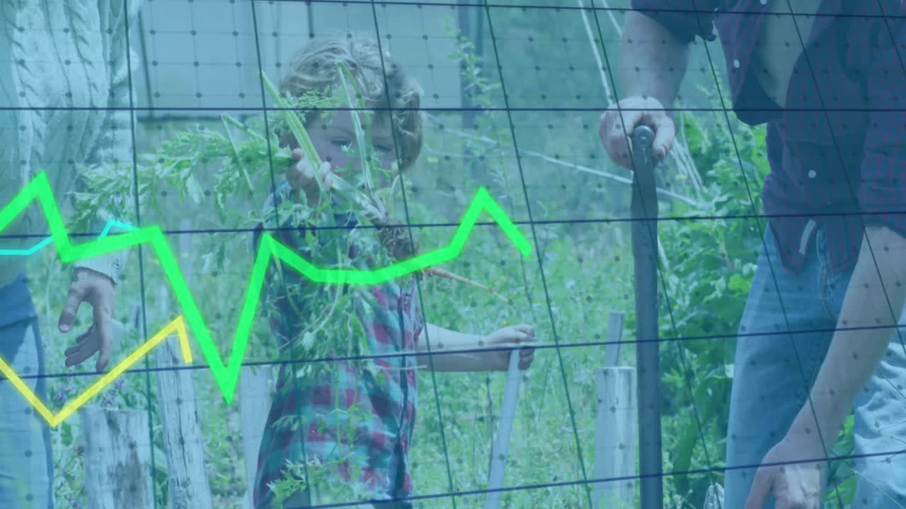 animación del procesamiento de datos financieros sobre la familia caucásica que trabaja en el jardín.