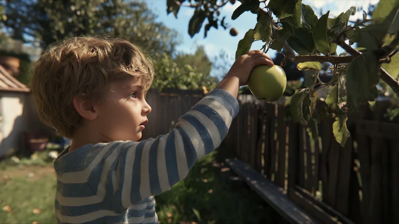 A young boy reaching for an apple on a tree
