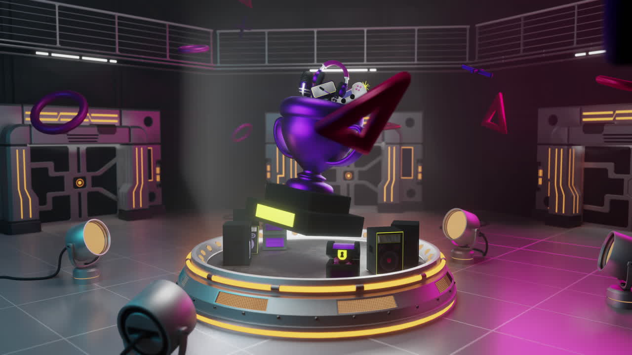 animación de características de juegos de neón con luces de escenario y puntos sobre fondo negro