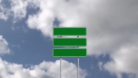 Animation-of-road-sign-and-clouds-on-blue-background