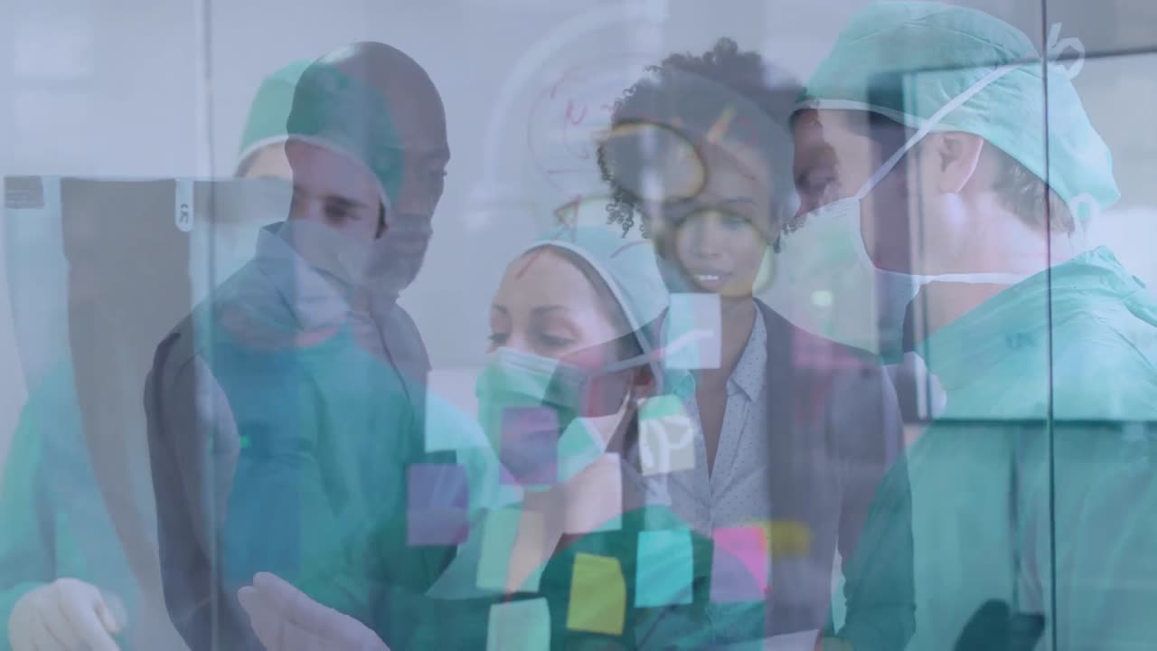 Animation of diverse coworkers over caucasian female and male surgeons