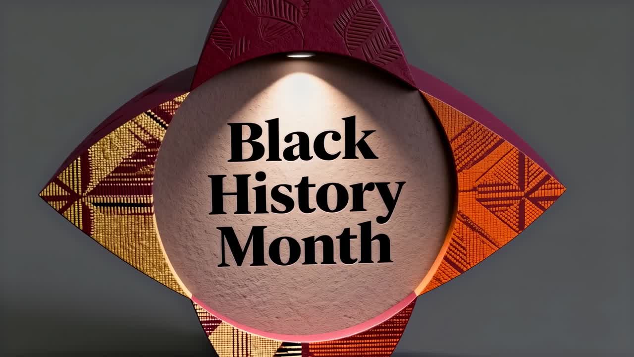 Zooming camera pushing emblem rotating in studio, spotlight highlighting Black History Month text