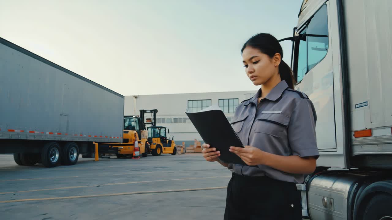 Woman with clipboard in a trucking yard