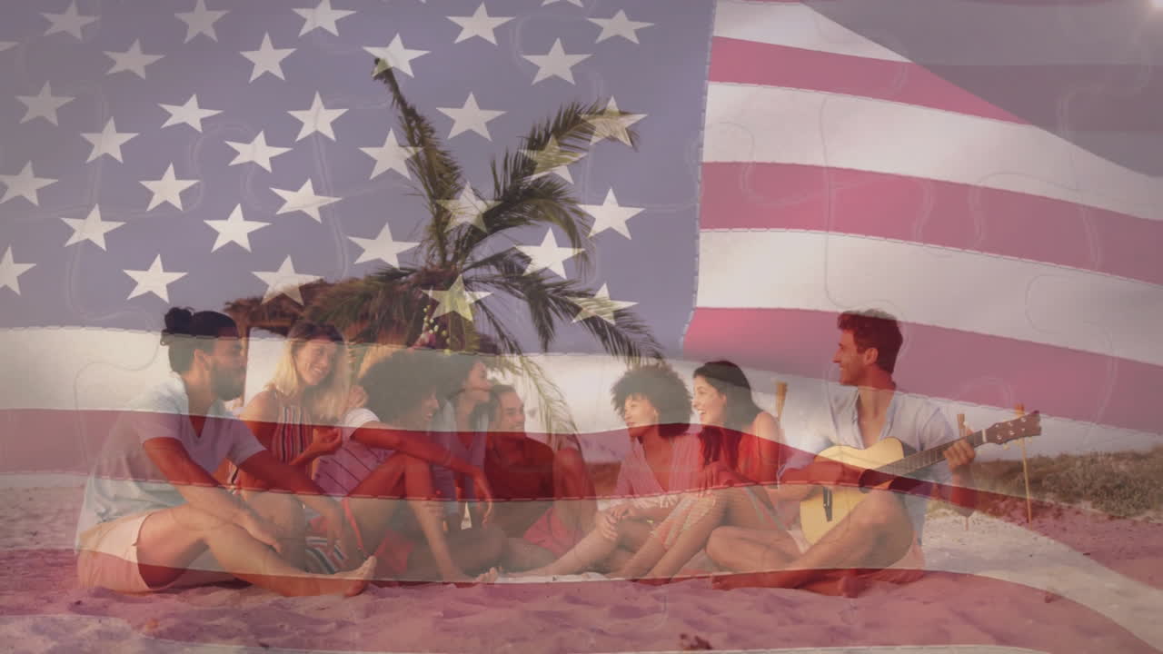 Sitting on beach, group of friends with American flag animation overlay
