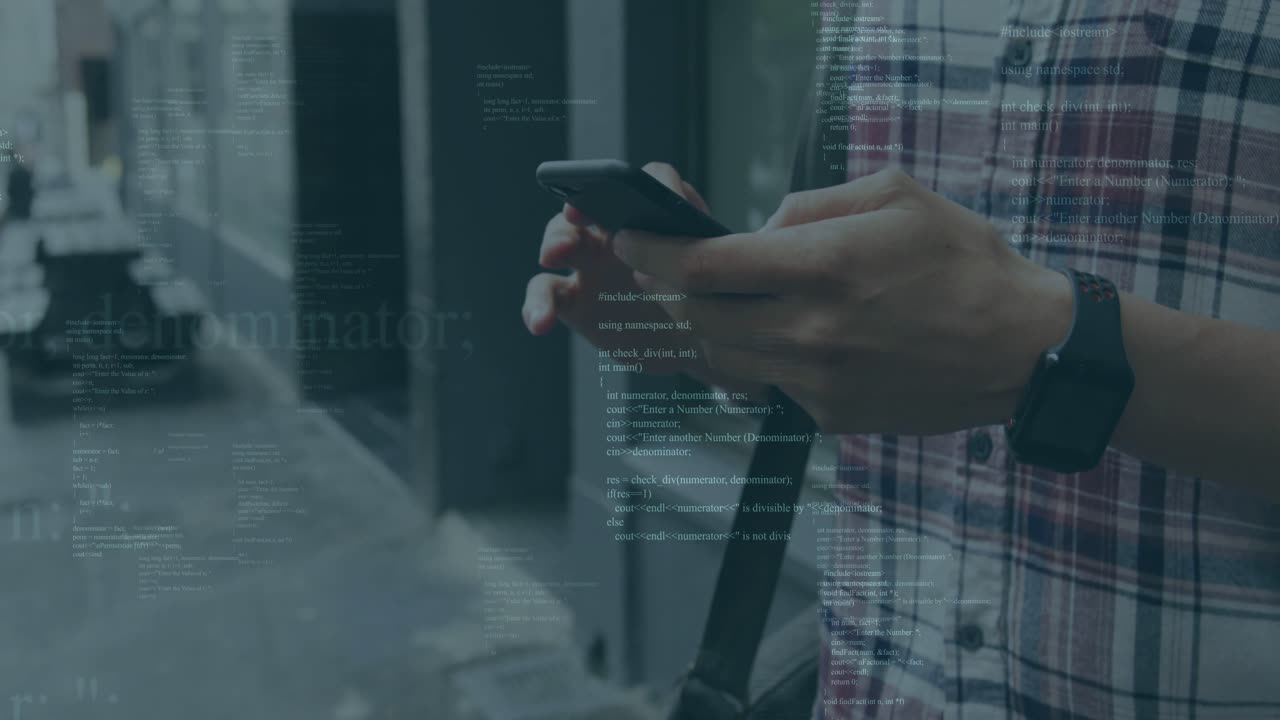 Man tapping phone on curb scrolling writing for tech demo as code overlay aligning over hands