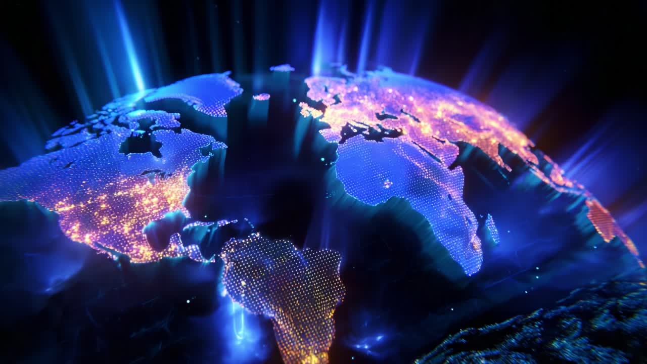 A Stunning Visualization of Earth from Space Displaying Luminous City Lights and Geography, Showcasing the Elegant Beauty of Our Planet in a Vividly Colorful Graphic Representation