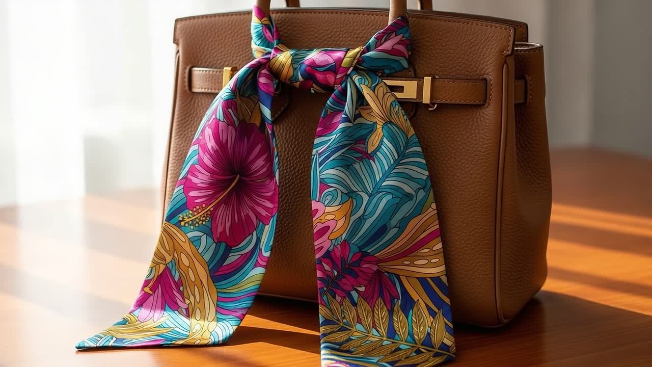 Una borsa elegante adornata con una sciarpa colorata, che mostra vivaci motivi floreali e un tocco sofisticato in un ambiente ben illuminato.