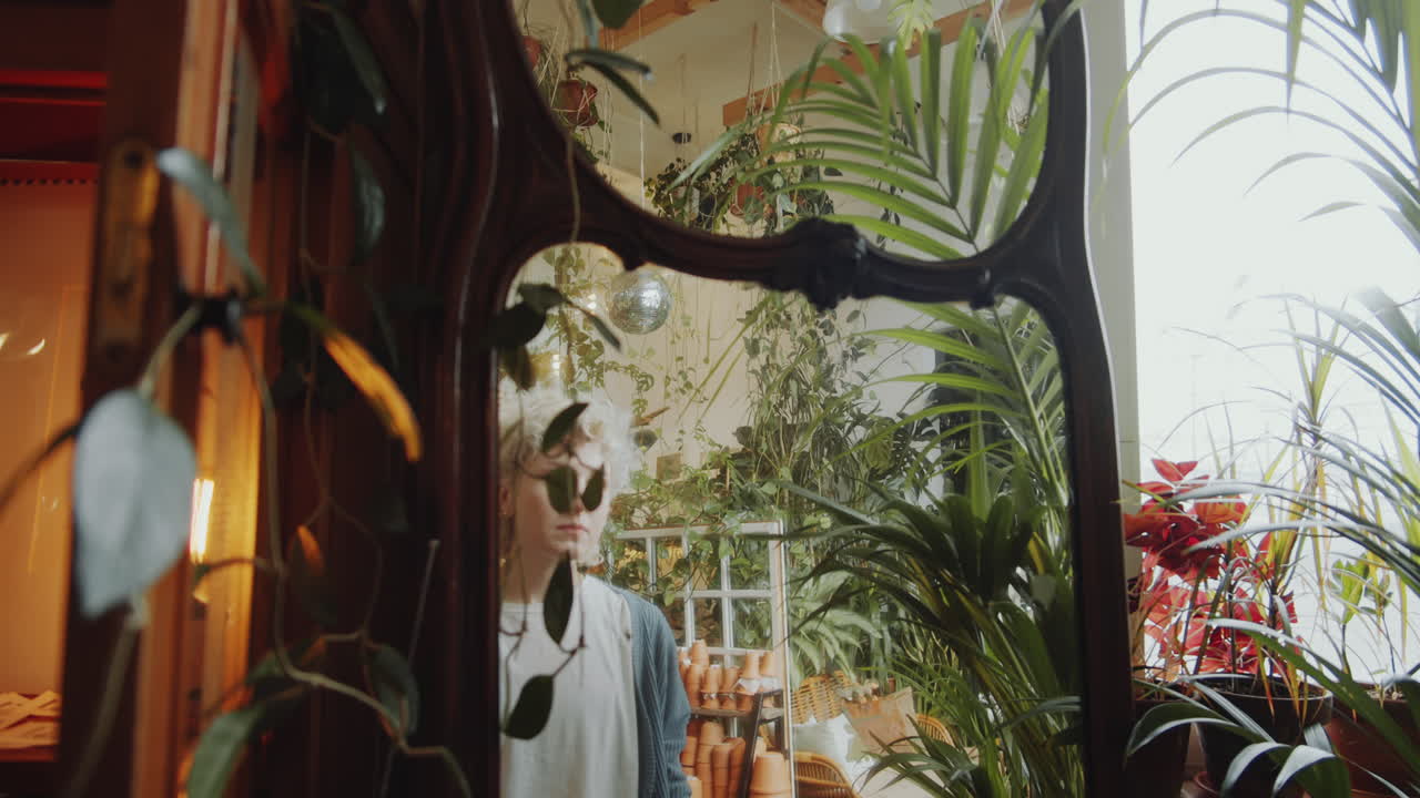 mujer joven mirándose en el espejo en una tienda de flores