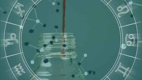 Animation-Des-Tierkreisrads-Mit-Nukleotiden-Pro-Flüssigkeit,-Die-In-Eine-Flasche-Auf-Den-Tisch-Fallen