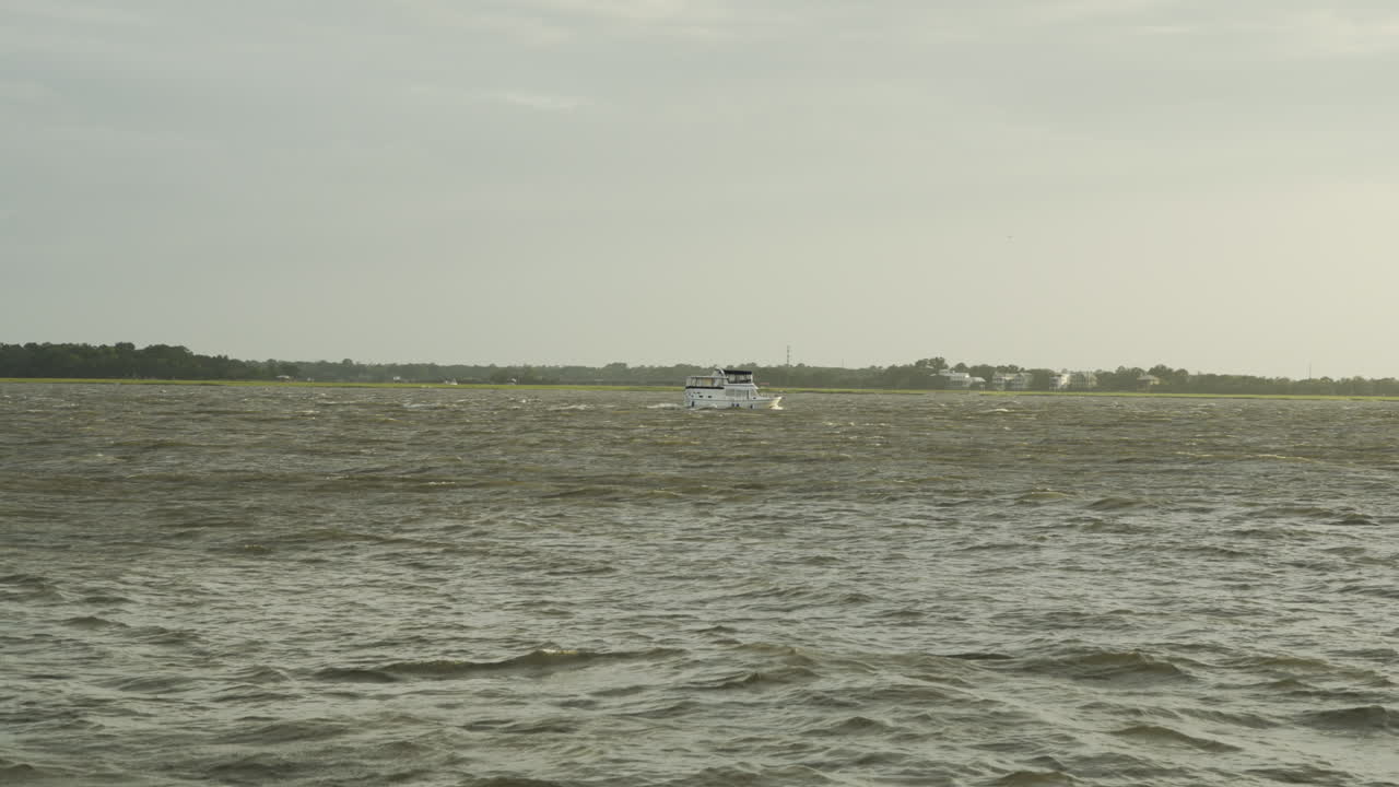 Boat Travels Along the Water at Sunset, Wide Shot, Static