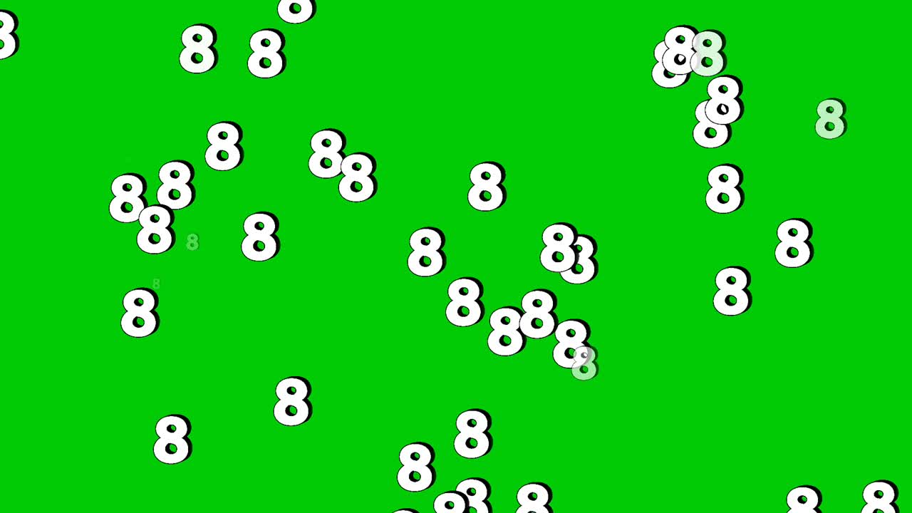Animated numbers 8 eight falling vertically like rain on a green screen background. Perfect for video editing, VFX, and motion graphics. Seamless loop included for continuous use video element
