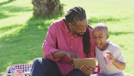 Video-De-Un-Feliz-Padre-E-Hijo-Afroamericanos-Haciendo-Un-Picnic-Al-Aire-Libre-Y-Usando-Una-Tableta