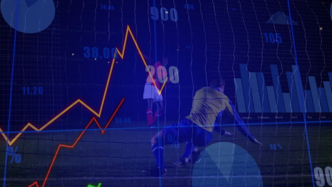 Soccer player kicking ball with financial graph and data overlay animation