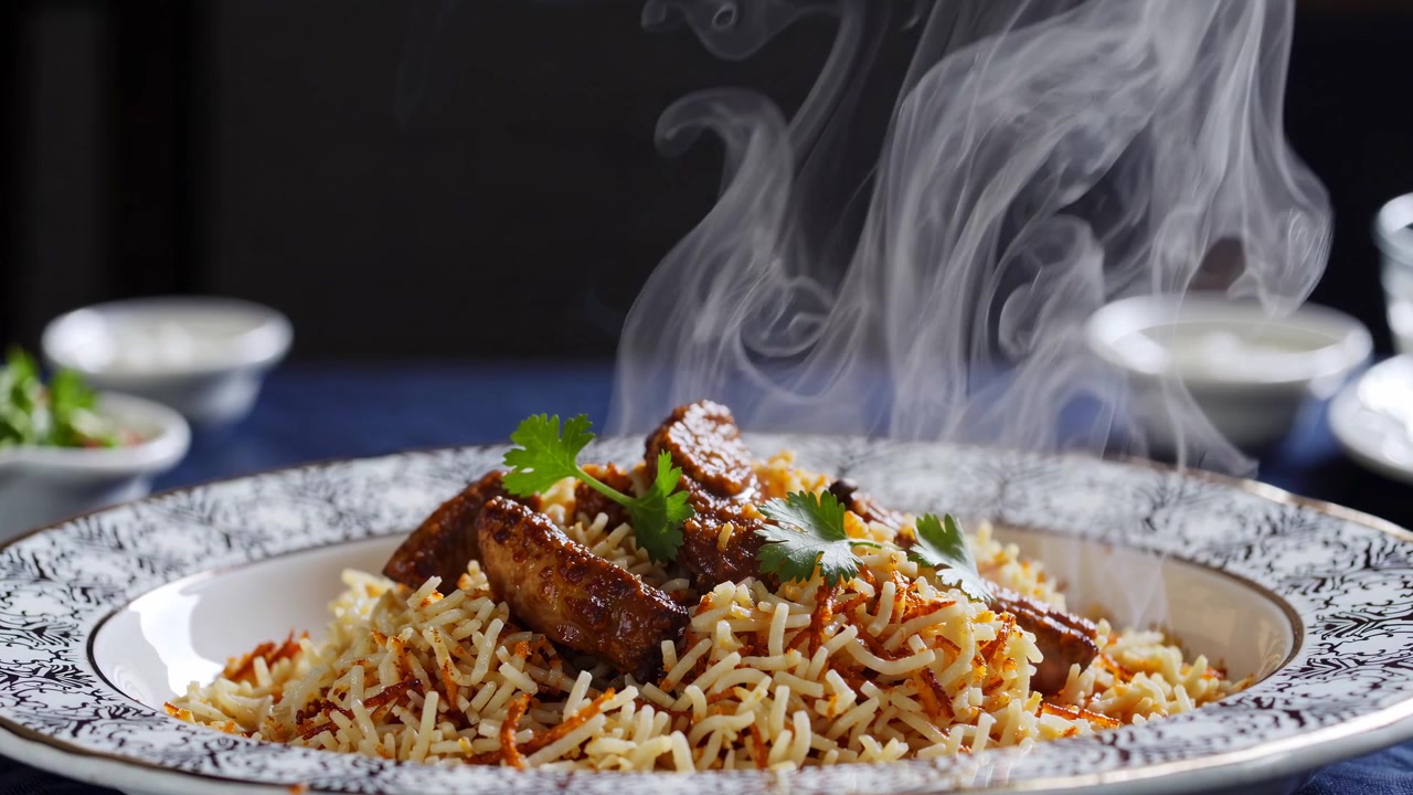 Dampende tallerken med friskkogt biryani-ris
