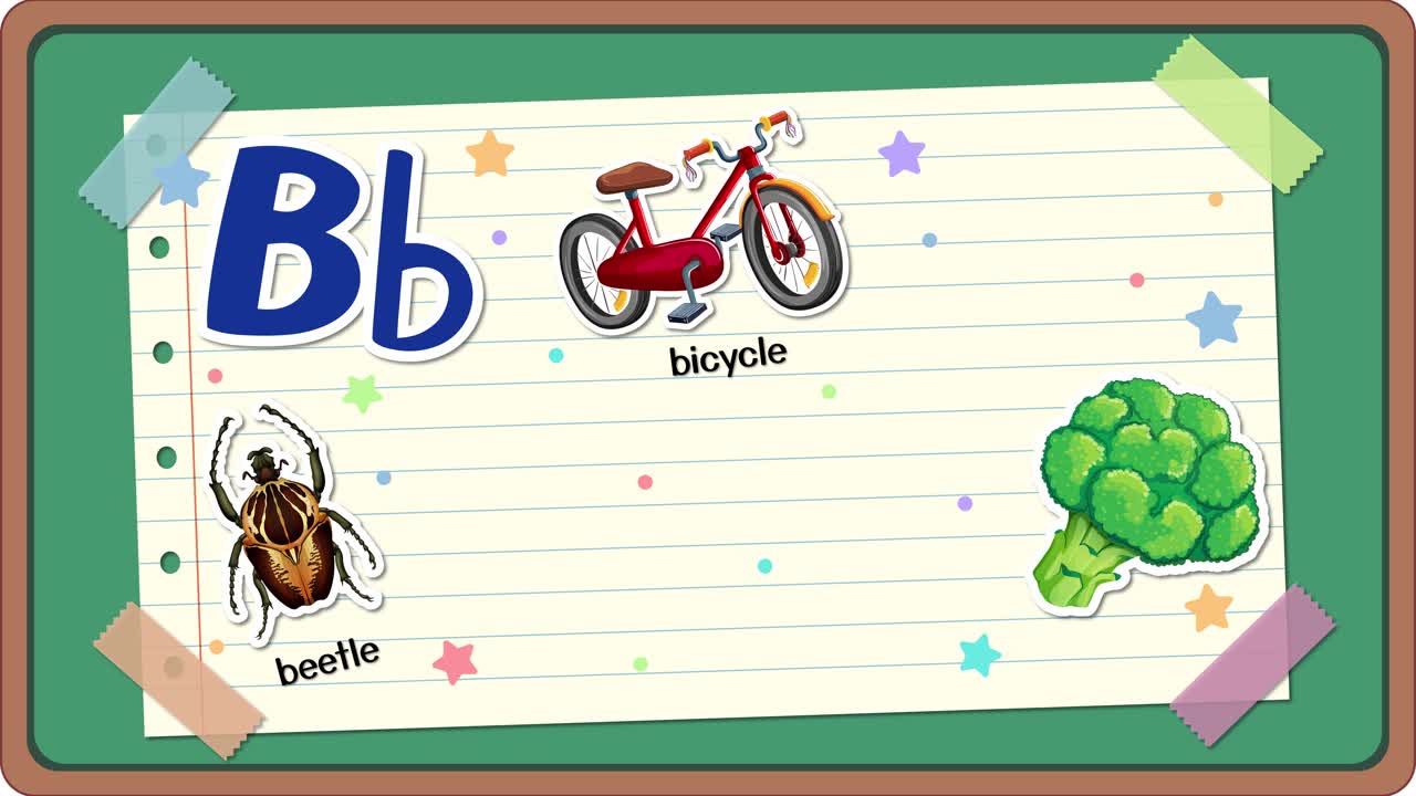 Lavagna animata mostra la lettera B con illustrazioni di bicicletta, scarabeo, broccoli, farfalla, pallacanestro e pane.