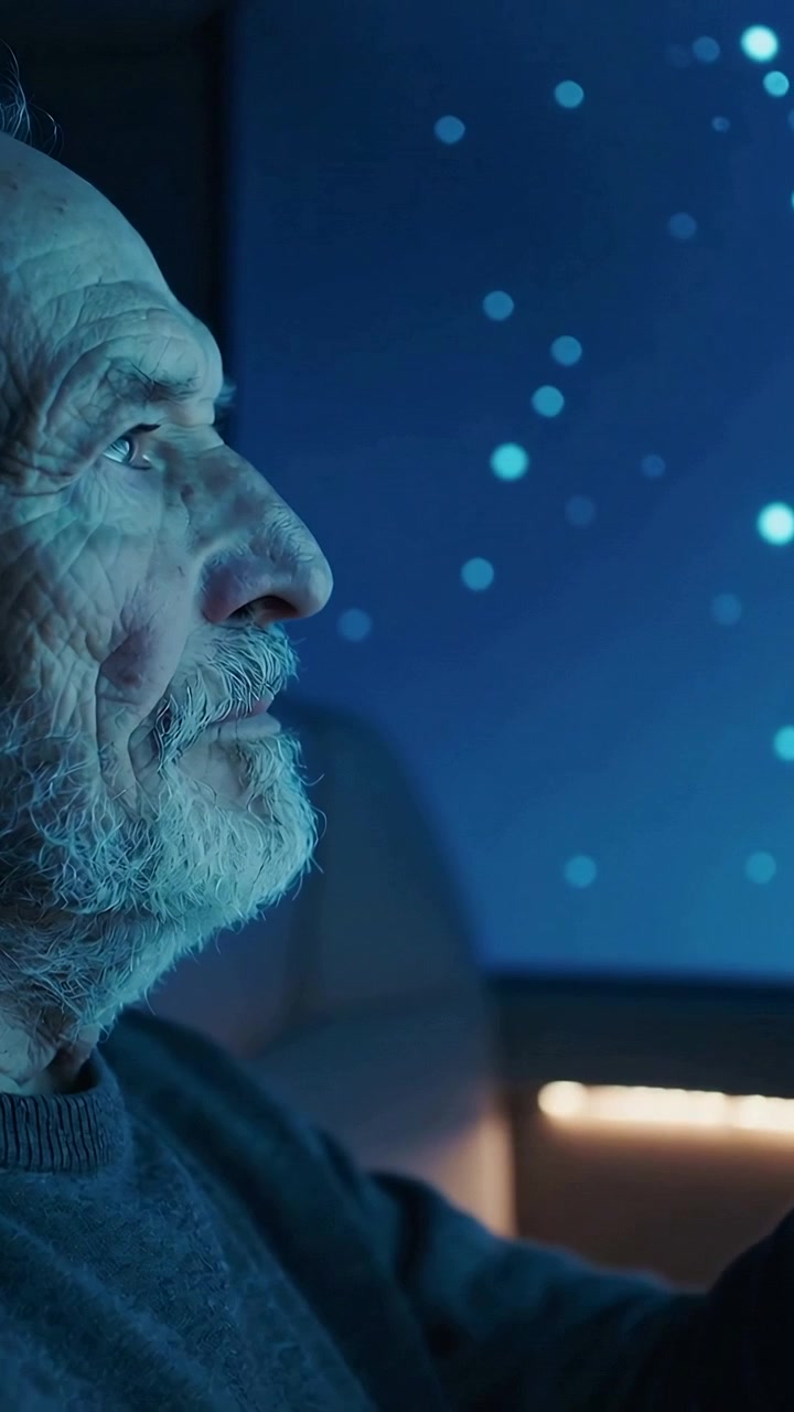 Video verticale: Anziano che osserva e segue le luci blu in movimento dello schermo in cabina, con un maglione scuro.