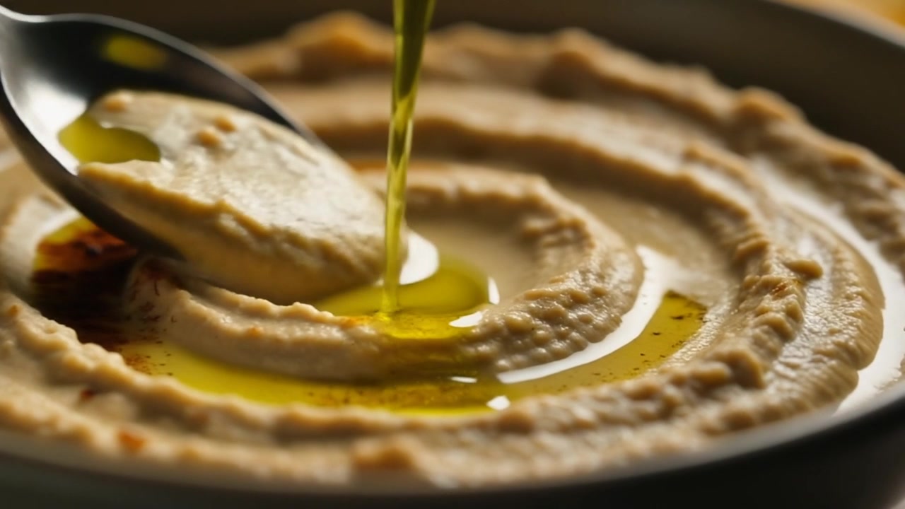Olio d'oliva versato su hummus cremoso in una ciotola