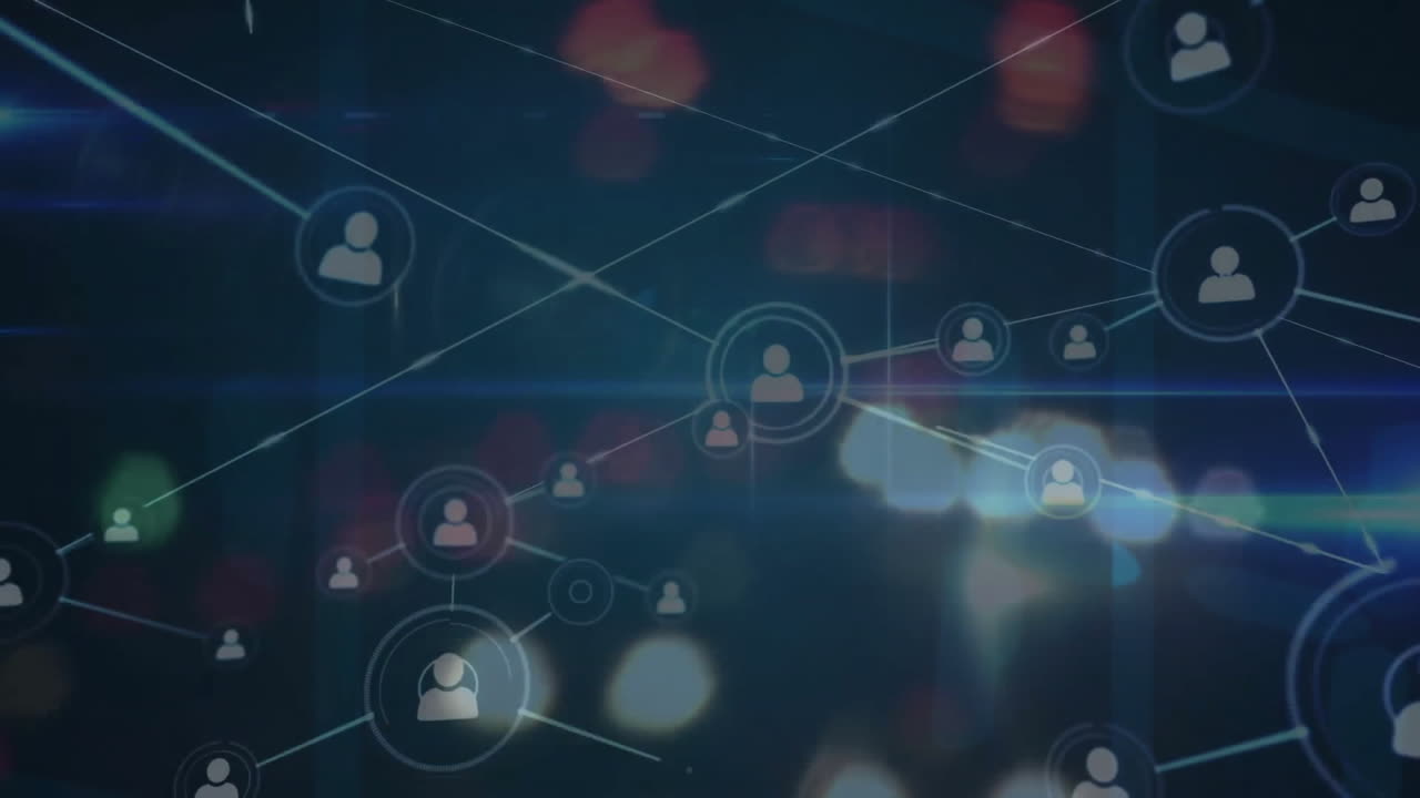 animación de la red de conexiones con iconos sobre fondo oscuro