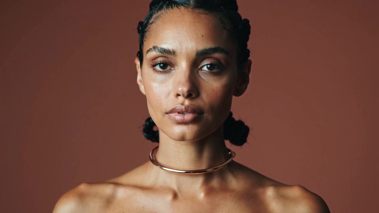 Reagendo allo spostamento della telecamera, modella che ruota aprendo gli occhi per incontrare l'obiettivo in studio, mostrando un choker.