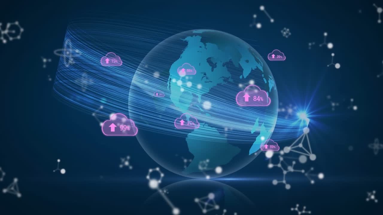 숫자의 애니메이션, 구름에 있는 화살표, 뉴클레오티드 및 렌즈 플레어, 파란색 바탕에 전 세계를 가로질러