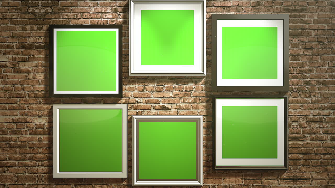 cámara de movimiento en galería de arte con imagen y marco moderno con pantalla de maqueta verde 2