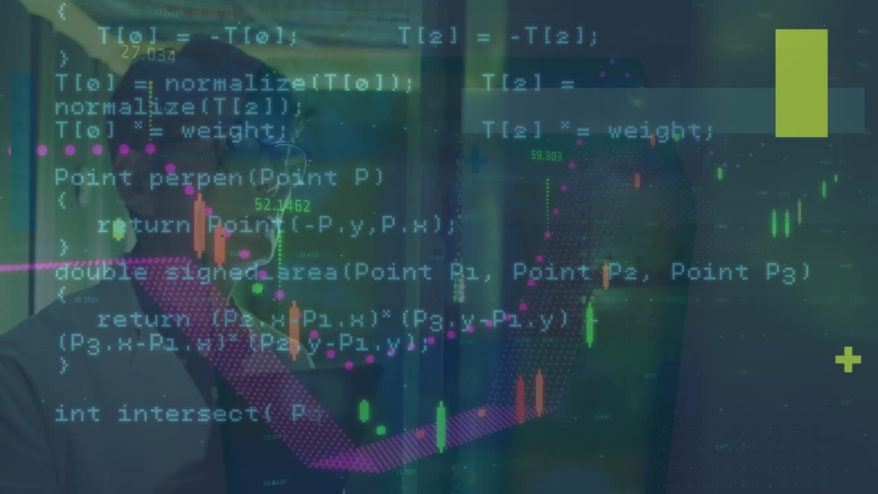 Animation of data processing over asian man in server room