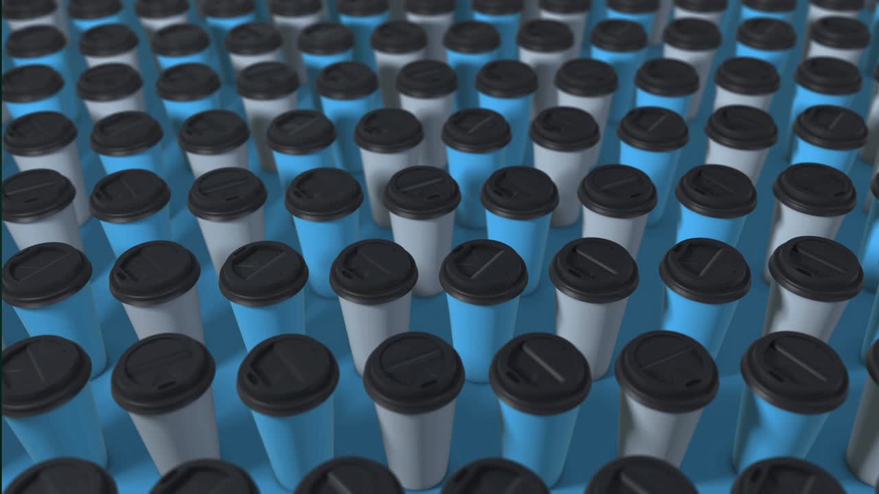 dos tazas de café de colores en el fondo. renderizado abstracto 3d con luz brillante y sombras. patrón de tazas de cafe. animación en bucle. blanco azul